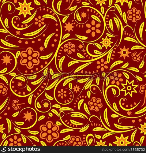 Seamless pattern with orange abstract flowers and yellow leaves on a red background (can be repeated and scaled in any size)