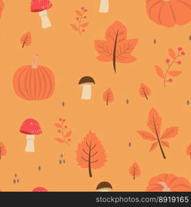 Seamless pattern with orange and yellow autumn leaves, with rowan and mushrooms. Perfect for wallpaper, gift paper, pattern filling, web page background, autumn greeting cards.. Seamless pattern with orange and yellow autumn leaves, with rowan and mushrooms. Perfect for wallpaper, gift paper, pattern filling, web page background, autumn greeting cards