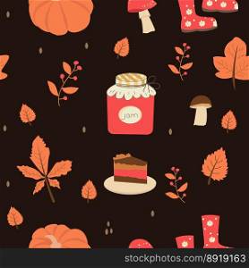 Seamless pattern with orange and yellow autumn leaves, with rowan, cheesecake, and jam. Perfect for wallpaper, gift paper, pattern filling, web page background, autumn greeting cards.. Seamless pattern with orange and yellow autumn leaves, with rowan, cheesecake, and jam. Perfect for wallpaper, gift paper, pattern filling, web page background, autumn greeting cards