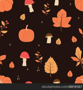 Seamless pattern with orange and yellow autumn leaves, with rowan, mushrooms, and pumpkin. Perfect for wallpaper, gift paper, pattern filling, web page background, autumn greeting cards. Seamless pattern with orange and yellow autumn leaves, with rowan, mushrooms, and pumpkin. Perfect for wallpaper, gift paper, pattern filling, web page background, autumn greeting cards.