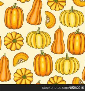 Seamless pattern with orange pumpkins. Hand drawn vector background. 