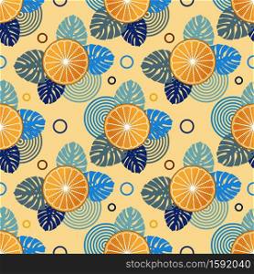 Seamless pattern with oranges and leaves of tropical plants on an orange background. Summer theme with citrus fruits. Can be used for web, printing on fabrics and for creating banners. Seamless pattern with oranges and leaves of tropical plants 