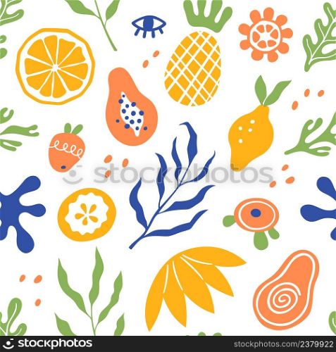 Seamless pattern with organic blobs, tropic fruits and leaves in matisse style. Background with trendy doodle abstract elements. Natural random matisse shapes. Vector illustration on white background,. Seamless pattern with organic blobs, tropic fruits and leaves in matisse style. Background with trendy doodle abstract elements. Natural random matisse shapes. Vector illustration on white background