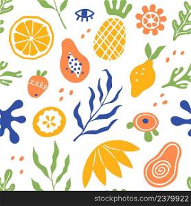 Seamless pattern with organic blobs, tropic fruits and leaves in matisse style. Background with trendy doodle abstract elements. Natural random matisse shapes. Vector illustration on white background,. Seamless pattern with organic blobs, tropic fruits and leaves in matisse style. Background with trendy doodle abstract elements. Natural random matisse shapes. Vector illustration on white background