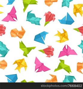 Seamless pattern with origami toys. Folded colored paper objects.. Seamless pattern with origami toys.