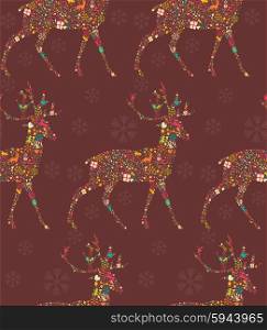 Seamless pattern with ornamental Christmas reindeer with snowflakes, vector illustration