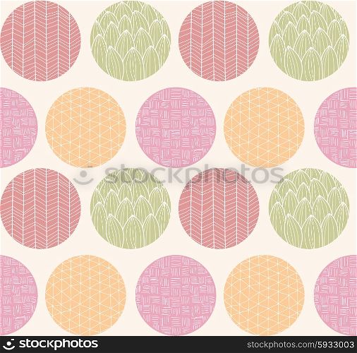 Seamless pattern with ornamental circles and line drawings, vector illustration
