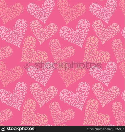 Seamless pattern with ornamental floral heart, Happy Valentine`s Day pink background. Design for Holiday card.