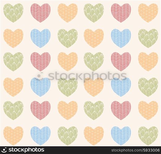 Seamless pattern with ornamental heart shaped symbols, line drawings, vector illustration
