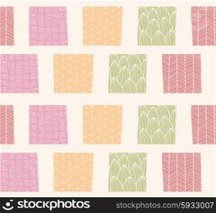 Seamless pattern with ornamental square shapes and line drawings, vector illustration