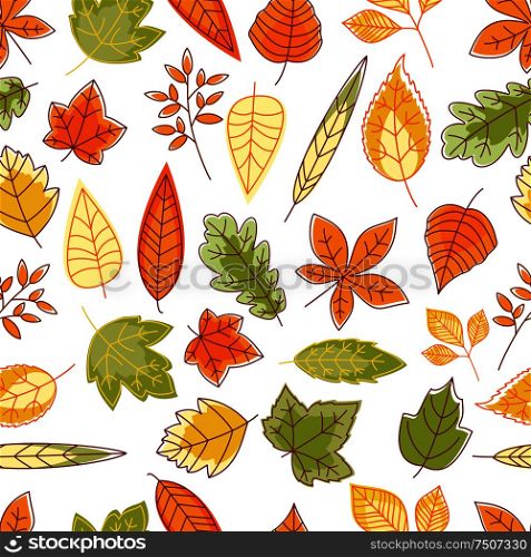 Seamless pattern with outline abstract red, orange, yellow and green autumn leaves. Seamless pattern with autumn leaves