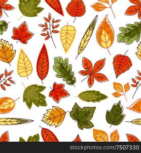 Seamless pattern with outline abstract red, orange, yellow and green autumn leaves. Seamless pattern with autumn leaves