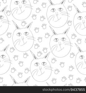 Seamless pattern with outline cats and paw prints, pets in kids style on a white background vector illustration