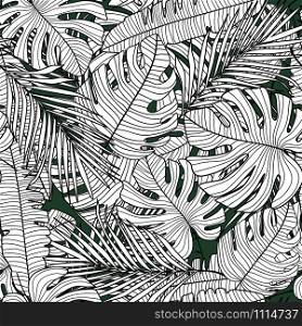Seamless pattern with outline monstera line leaves. Tropical pattern, botanical leaf wallpaper. Exotic design for fabric, textile print, wrapping paper. Vector illustration. Seamless pattern with outline monstera line leaves. Tropical pattern, botanical leaf wallpaper.