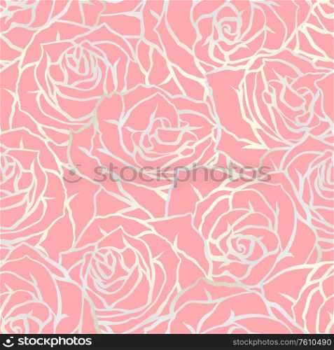 Seamless pattern with outline roses. Beautiful realistic flowers and buds.. Seamless pattern with outline roses. Beautiful flowers and buds.