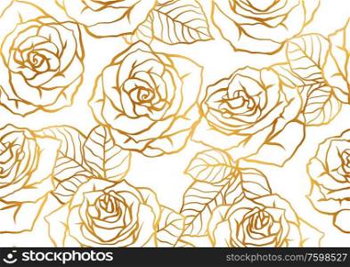 Seamless pattern with outline roses. Beautiful realistic flowers and leaves.. Seamless pattern with outline roses. Beautiful flowers and leaves.