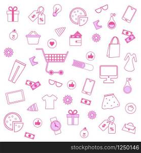 Seamless Pattern with Outline Shopping Icons. Pink Men and Women Clothing and Accessories on White Background. Fashion. Texture for Fabric, Textile. Ornament. Wrapping Paper. Flat Vector Illustration. Pink Men and Women Accessories on White Background