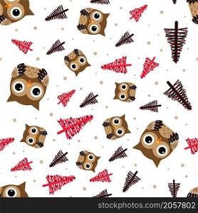 Seamless pattern with owl and christmas trees