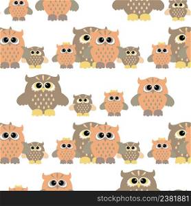 Seamless pattern with owl on white background. Cute flat owls seamless ornament. Seamless pattern with color owl