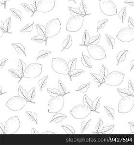 Seamless pattern with painted lemons. Linear drawing on a white background. Lemon fruits with leaves.