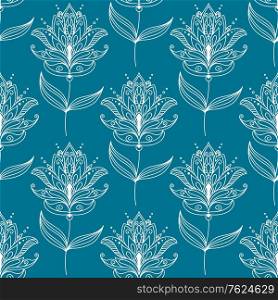 Seamless pattern with paisley floral motifs in white and blue colors for background or wallpaper design