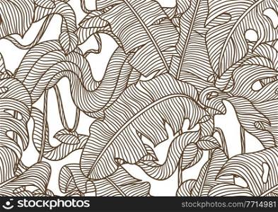 Seamless pattern with palm leaves and twisted wild liana branch. Jungle vines plant. Decorative image of tropical rainforest foliage.. Seamless pattern with palm leaves and twisted wild liana branch. Jungle vines plant. Decorative tropical rainforest foliage.