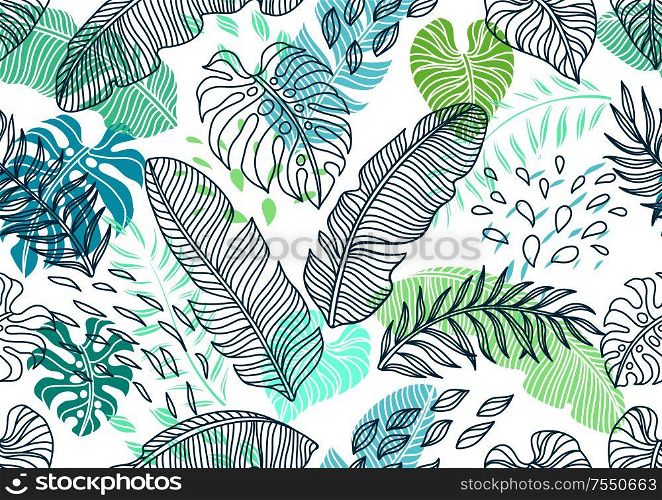 Seamless pattern with palm leaves. Decorative image of tropical foliage and plants.. Seamless pattern with palm leaves.