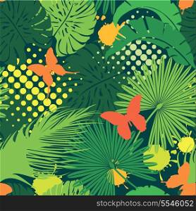 Seamless pattern with palm trees leaves and butterflies. Ready to use as swatch.