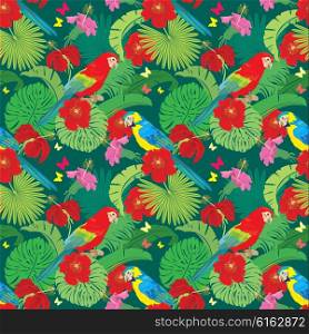 Seamless pattern with palm trees leaves, Frangipani flowers and Blue Yellow and Red Blue Macaw parrots. Element for summer, travel and vacation design.