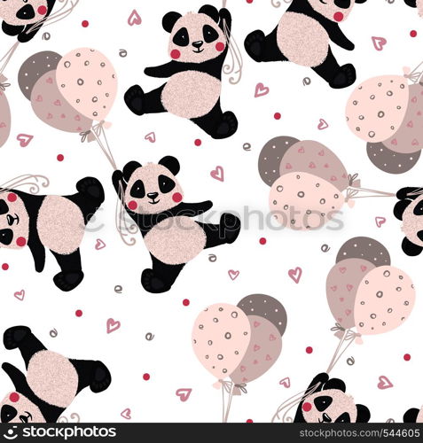 Seamless pattern with panda and balloon isolated on white background, Cute animal design element for fabric, textile, wallpaper, scrapbooking or others. Vector illustration.. Seamless pattern with panda and balloon isolated on white background, Vector illustration.
