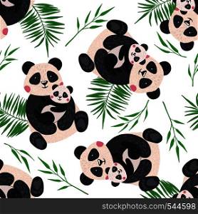 Seamless pattern with panda and bamboo isolated on white background. Cute animal design element for fabric, textile, wallpaper, scrapbooking or others. Vector illustration.. Seamless pattern with panda isolated on white.