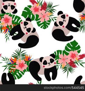 Seamless pattern with panda and tropical flowers isolated on white background. Cute animal design element for fabric, textile, wallpaper, scrapbooking or others. Vector illustration.. Seamless pattern with panda isolated on white.