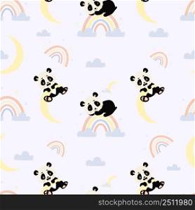 Seamless pattern with pandas. Cute sleeping panda on rainbow with playful teddy bear on moon on blue background with clouds and rainbows. Vector illustration. Scandinavian kids collection for design