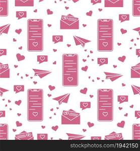 Seamless pattern with paper airplane, envelope, smartphone, sms, hearts. Birthday, Valentine&rsquo;s day, Mother&rsquo;s Day, Father&rsquo;s day, wedding vector romantic background.