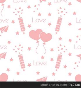 Seamless pattern with paper airplane, petard, balloons, hearts. Birthday, Valentine&rsquo;s day, Mother&rsquo;s Day, Father&rsquo;s day vector romantic background. Design for greeting card, poster or print.