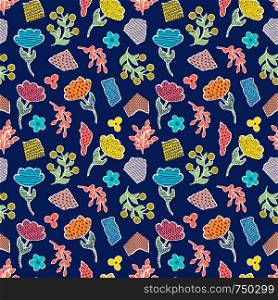 Seamless pattern with paper flowers on dark background