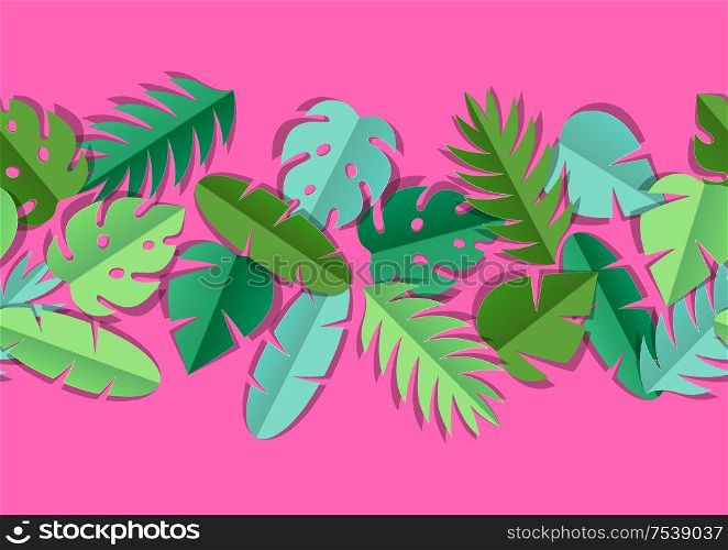 Seamless pattern with paper palm leaves. Decorative image of tropical foliage and plants.. Seamless pattern with paper palm leaves.