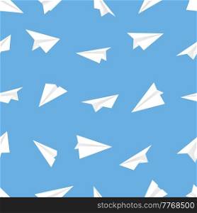 Seamless pattern with paper planes aircraft. Flying aircrafts on blue background. Vector background mockup, illustration with airplanes made as origami from paper. White airplanes on pattern layout. White airplanes on pattern layout. Seamless mockup of with paper planes aircraft on blue background