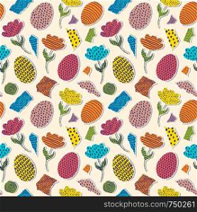 Seamless pattern with paper tulips, eggs and piecies of paper on light background