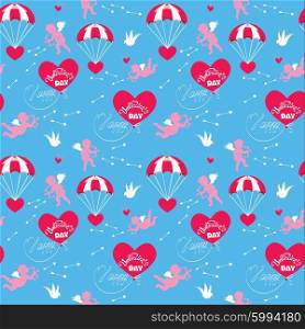 Seamless pattern with parachute, balloon, angel, heart, bird, arrows and calligraphic text Happy Valentines Day on blue sky background. Holiday design with love.