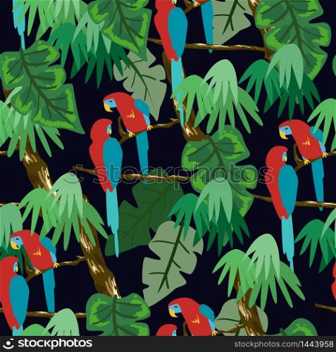 Seamless pattern with parrot. Forest pattern vector background
