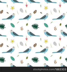 Seamless pattern with parrots budgies, tropical leaves and flowers. Cute baby print for fabric and textile.. Seamless pattern with parrots budgies, tropical leaves and flowers.