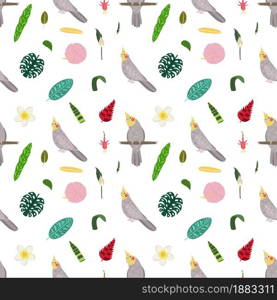 Seamless pattern with parrots cockatiel sit on stick, tropical leaves and flowers. Cute baby print for fabric and textile.. Seamless pattern with parrots cockatiel sit on stick, tropical leaves and flowers.