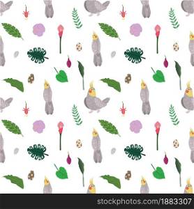 Seamless pattern with parrots cockatiel, tropical leaves and flowers. Cute baby print for fabric and textile.. Seamless pattern with parrots cockatiel, tropical leaves and flowers.