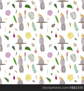 Seamless pattern with parrots cockatiel, tropical leaves and flowers, hibiscus and egg. Cute baby print for fabric and textile.. Seamless pattern with parrots cockatiel, tropical leaves and flowers, hibiscus and egg.