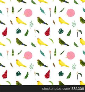 Seamless pattern with parrots kakariki yellow and green, tropical leaves and flowers. Cute baby print for fabric and textile.. Seamless pattern with parrots kakariki yellow and green, tropical leaves and flowers.