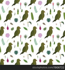 Seamless pattern with parrots kea, tropical leaves and flowers. Cute baby print for fabric and textile.. Seamless pattern with parrots kea, tropical leaves and flowers.