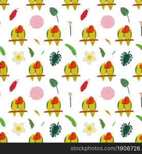 Seamless pattern with parrots lovebirds, tropical leaves and flowers. Cute baby print for fabric and textile.. Seamless pattern with parrots lovebirds, tropical leaves and flowers.