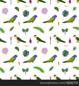 Seamless pattern with parrots pionus, black headed, tropical leaves and flowers. Cute baby print for fabric and textile.. Seamless pattern with parrots pionus, black headed, tropical leaves and flowers.