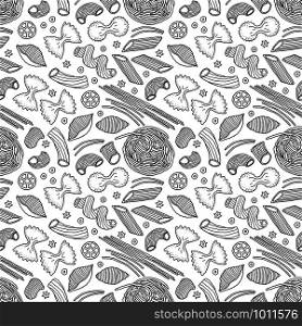 Seamless pattern with pasta on white background. Spaghetti in doodle style.Food texture